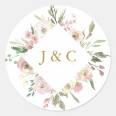 Elegant Blush Pink Gold Floral Monogram Weddenscha Ronde Sticker (Voorkant)