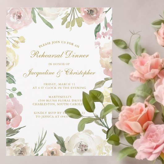 Elegant Blush Pink Gold Floral Rehearings Dinner Kaart