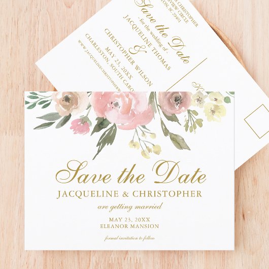 Elegant Blush Pink Gold Floral Save the Date Briefkaart