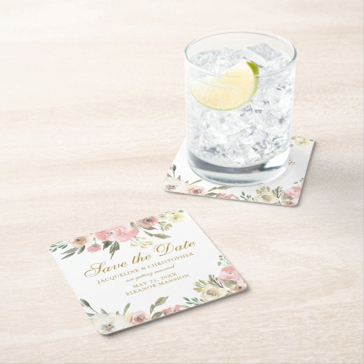 Elegant Blush Pink Gold Floral Save the Date Kartonnen Onderzetters (Insitu)