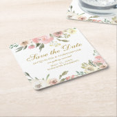 Elegant Blush Pink Gold Floral Save the Date Kartonnen Onderzetters (Schuin)