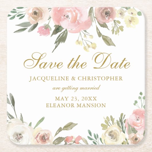 Elegant Blush Pink Gold Floral Save the Date Kartonnen Onderzetters (Voorkant)