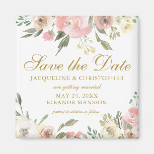 Elegant Blush Pink Gold Floral Save the Date Magneet