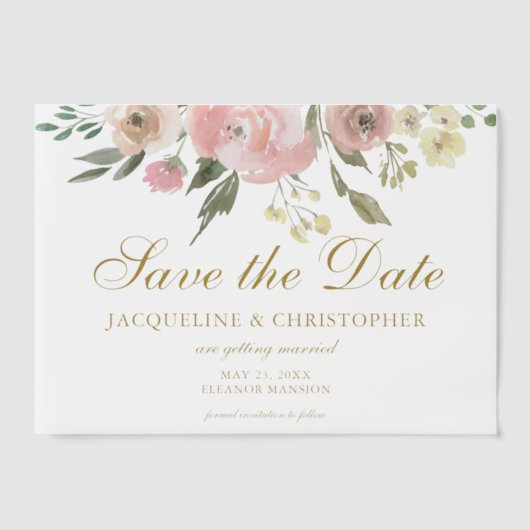 Elegant Blush Pink Gold Floral Save the Date Vellum Uitnodigingen (Voorkant)