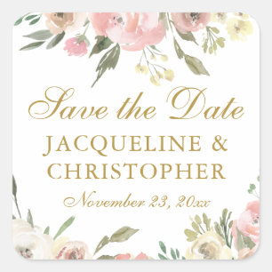 Elegant Blush Pink Gold Floral Save the Date Vierkante Sticker