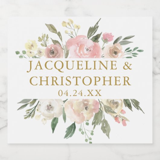 Elegant Blush Pink Gold Floral Summer Weddenschap Sparkling Wijnetiket (Enkel label)