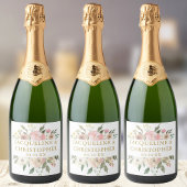 Elegant Blush Pink Gold Floral Summer Weddenschap Sparkling Wijnetiket