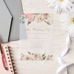 Elegant Blush Pink Gold Floral Summer Weddenschap Vellum Uitnodigingen