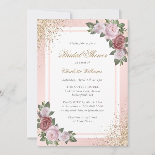 Elegant Blush Pink Gold Floral Vrijgezellenfeest Kaart (Voorkant)