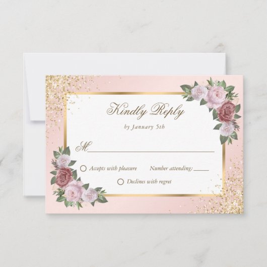 Elegant Blush Pink Gold Floral Weddenschap RSVP Kaartje (Voorkant)