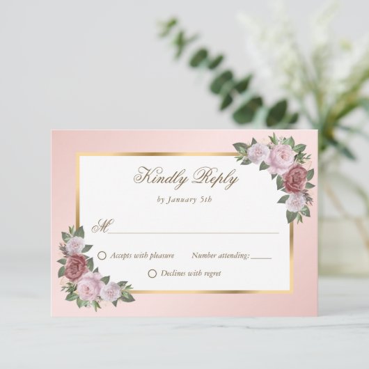 Elegant Blush Pink Gold Floral Weddenschap RSVP Kaartje (Staand voorkant)