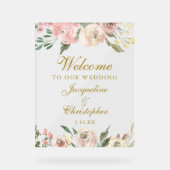 Elegant Blush Pink Gold Floral Weddenschap Welkom Acryl Bord (Voorkant)