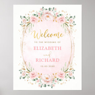 Elegant Blush Pink Gold Floral Weddenschap Welkom Poster