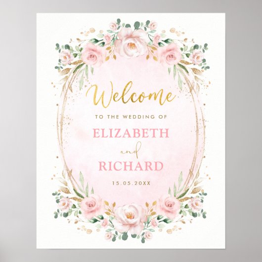 Elegant Blush Pink Gold Floral Weddenschap Welkom Poster (Voorkant)