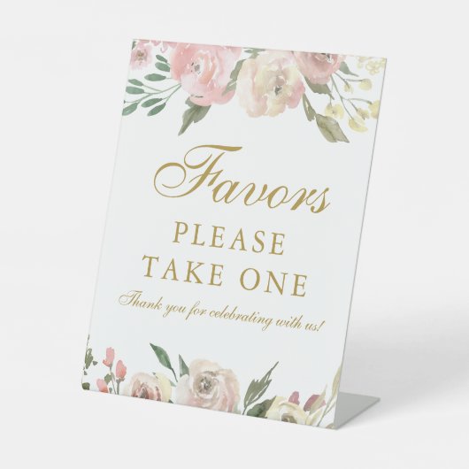 Elegant Blush Pink Gold Floral Weddenschappen Reclamebord Met Voetstuk (Voorkant)
