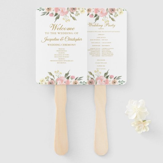 Elegant Blush Pink Gold Floral Wedding Program Fan Handwaaier (Voorkant en achterkant)