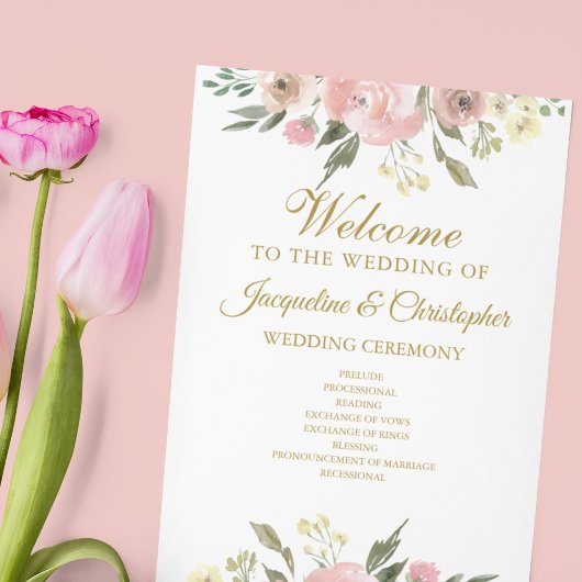 Elegant Blush Pink Gold Floral Wedding Programme