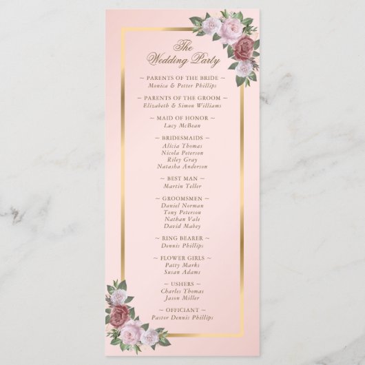 Elegant Blush Pink Gold Floral Wedding Programme Programmakaart (Achterkant)