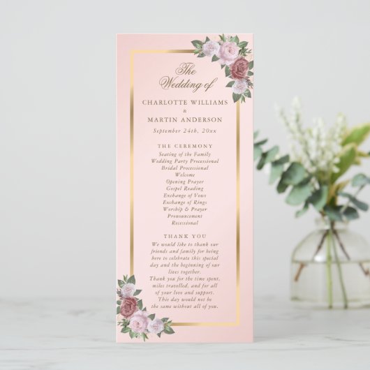 Elegant Blush Pink Gold Floral Wedding Programme Programmakaart (Staand voorkant)