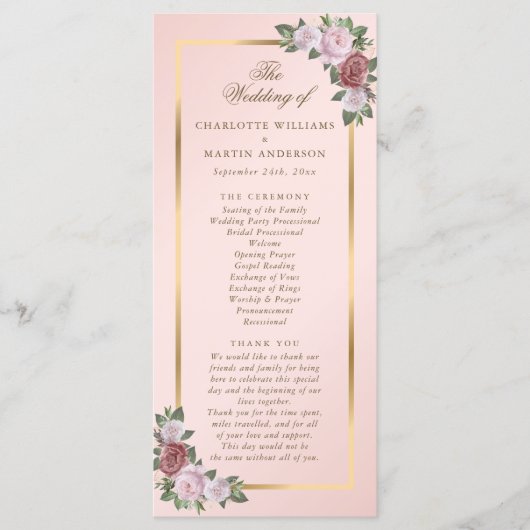 Elegant Blush Pink Gold Floral Wedding Programme Programmakaart (Voorkant)