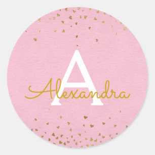 Elegant Blush Pink - Gold Foil Confetti Monogram Ronde Sticker