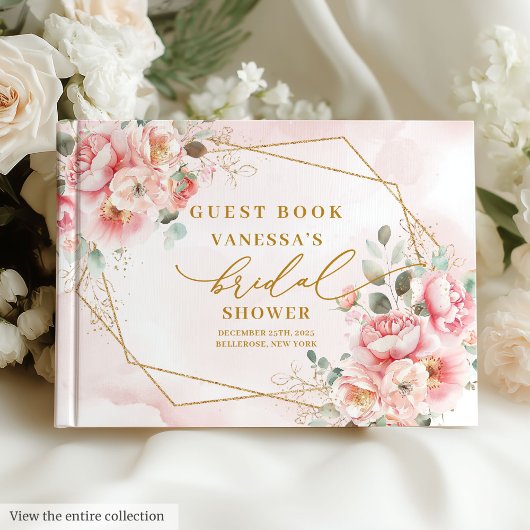 Elegant Blush Pink Gold Frame Floral Bridal Shower Gastenboek