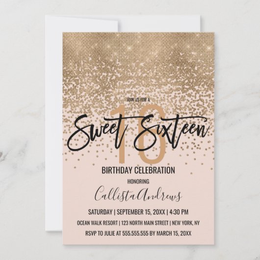 Elegant Blush Pink Gold Glitter Confetti Sweet 16 Kaart (Voorkant)