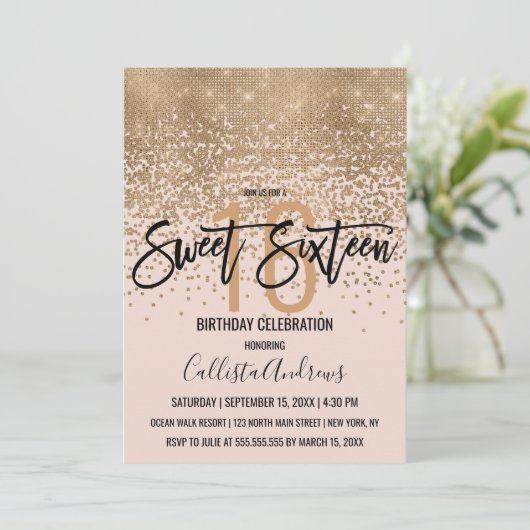 Elegant Blush Pink Gold Glitter Confetti Sweet 16 Kaart (Staand voorkant)