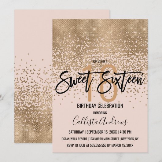 Elegant Blush Pink Gold Glitter Confetti Sweet 16 Kaart (Voorkant / Achterkant)
