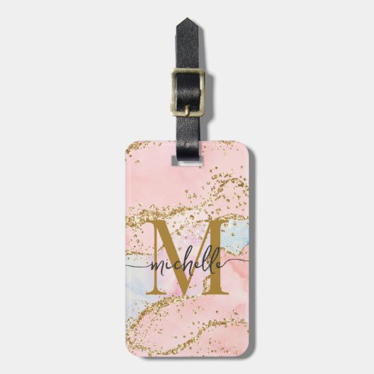 Elegant Blush Pink Gold Glitter Monogram Initiaal Bagagelabel (Voorkant verticaal)