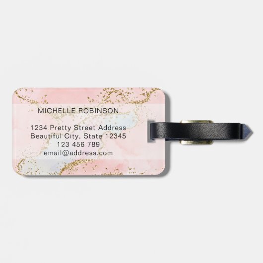 Elegant Blush Pink Gold Glitter Monogram Initiaal Bagagelabel (Achterkant horizontaal)