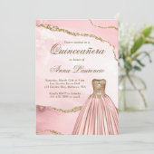 Elegant Blush Pink Gold Marble Agate Quinceanera Kaart (Staand voorkant)