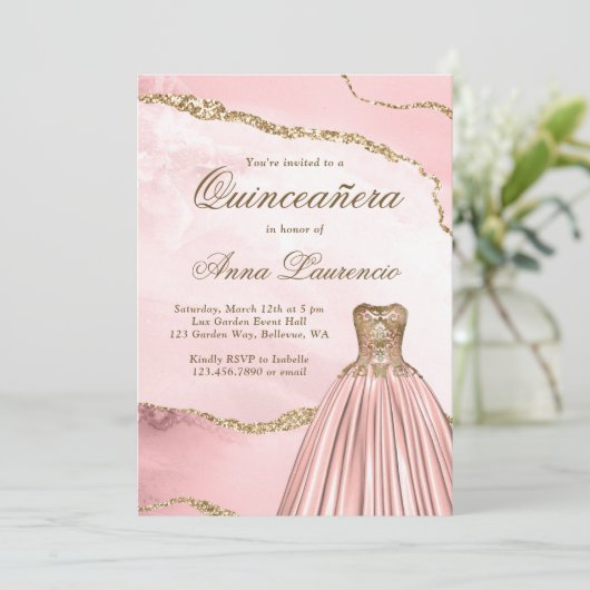 Elegant Blush Pink Gold Marble Agate Quinceanera Kaart (Staand voorkant)