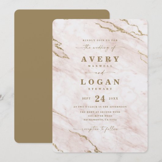 Elegant Blush Pink & Gold Metallic Marble Wedding Kaart (Voorkant / Achterkant)