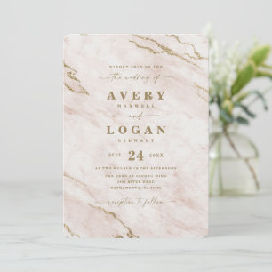 Elegant Blush Pink & Gold Metallic Marble Wedding Kaart