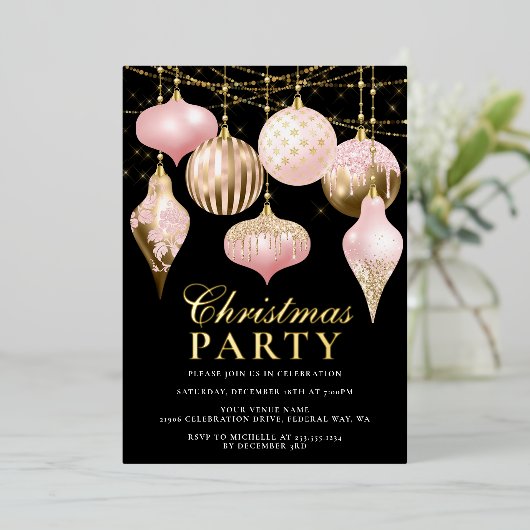 Elegant Blush Pink Gold Ornaments kerstfeest Folie Uitnodiging (Staand Voorkant)