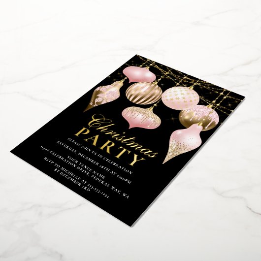 Elegant Blush Pink Gold Ornaments kerstfeest Folie Uitnodiging (Gedraaid)