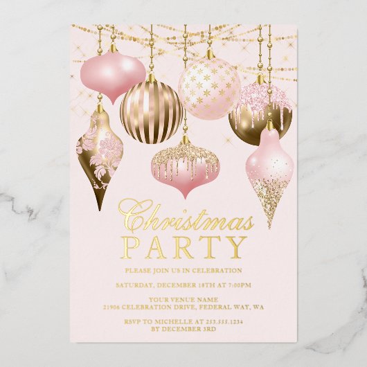 Elegant Blush Pink Gold Ornaments kerstfeest Folie Uitnodiging (Voorkant)