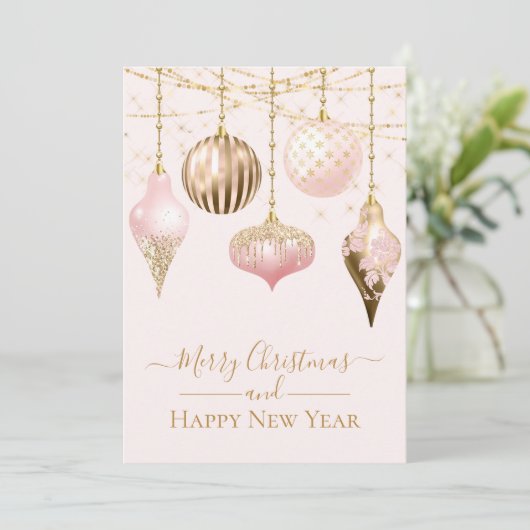 Elegant Blush Pink Gold Ornaments Merry Kerstmis Kaart (Staand voorkant)