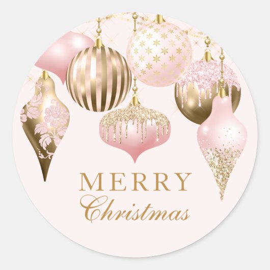 Elegant Blush Pink Gold Ornaments Merry Kerstmis Ronde Sticker (Voorkant)