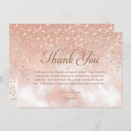 Elegant Blush Pink Gold Sparkle Script Typografie Bedankkaart (Voorkant / Achterkant)