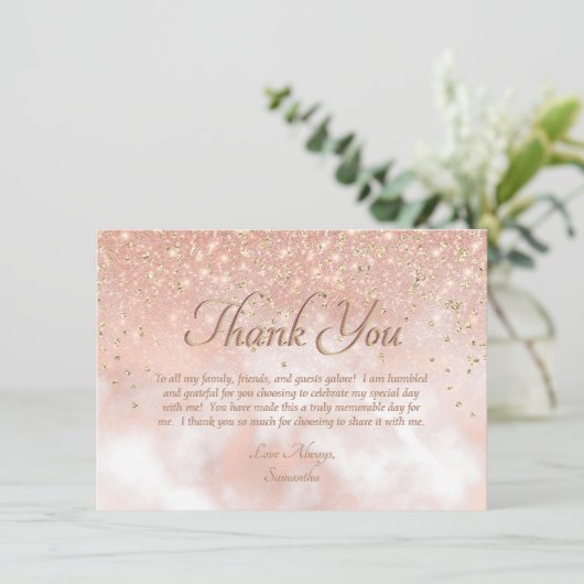 Elegant Blush Pink Gold Sparkle Script Typografie Bedankkaart (Staand voorkant)