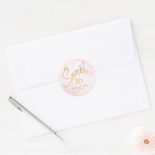 Elegant Blush Pink & Gold Sweet 16 Birthday Ronde Sticker (Envelop)