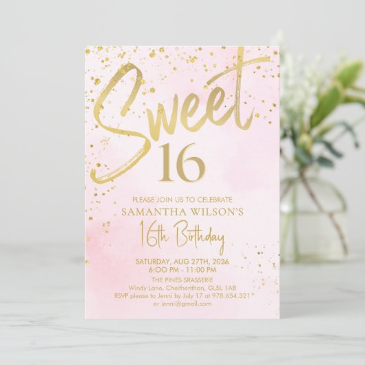 Elegant Blush Pink & Gold Sweet 16 Verjaardag Kaart (Staand voorkant)
