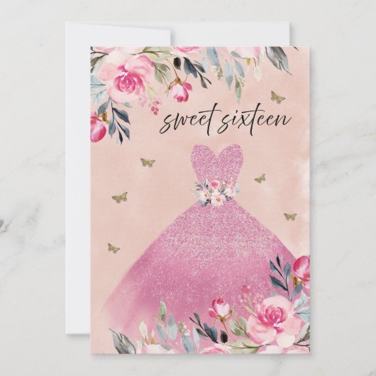 Elegant Blush Pink Gown Dress Floral Sweet 16 Kaart (Voorkant)