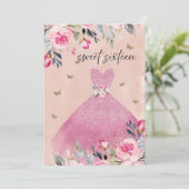 Elegant Blush Pink Gown Dress Floral Sweet 16 Kaart (Staand voorkant)