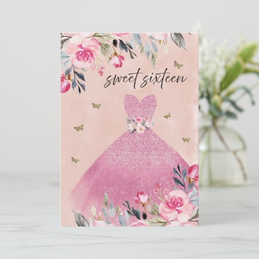 Elegant Blush Pink Gown Dress Floral Sweet 16 Kaart (Staand voorkant)