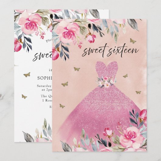 Elegant Blush Pink Gown Dress Floral Sweet 16 Kaart (Voorkant / Achterkant)