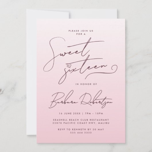 Elegant Blush Pink Gradient Script Sweet Sixteen Kaart (Voorkant)
