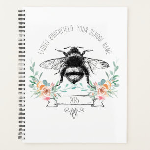 Elegant Blush Pink Green Bee Floral School Planner